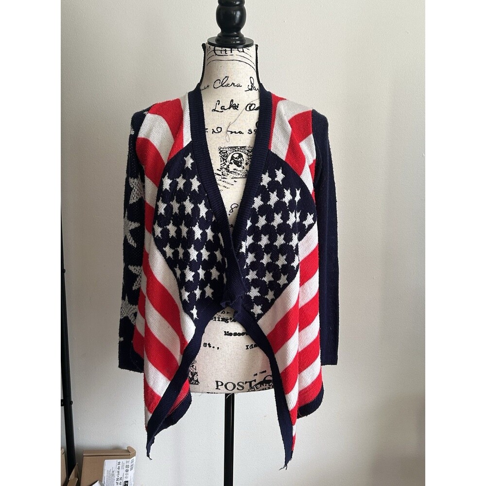 VTG Y2K Say What? American Flag Open Front Knit Cardigan Size M